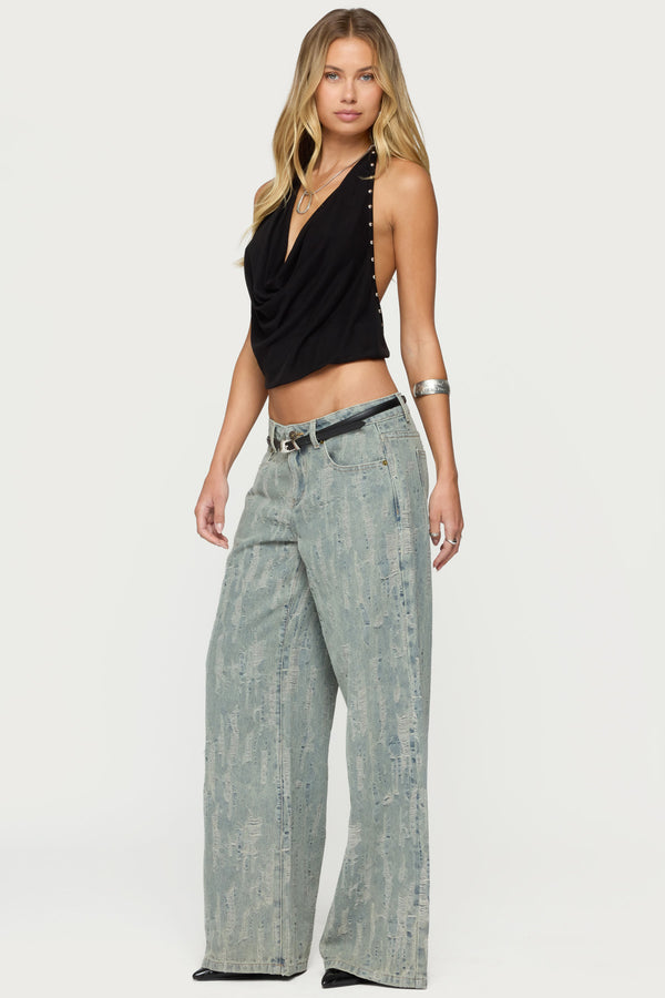 Edikted Blaze Distressed Low Rise Jeans Blue Washed