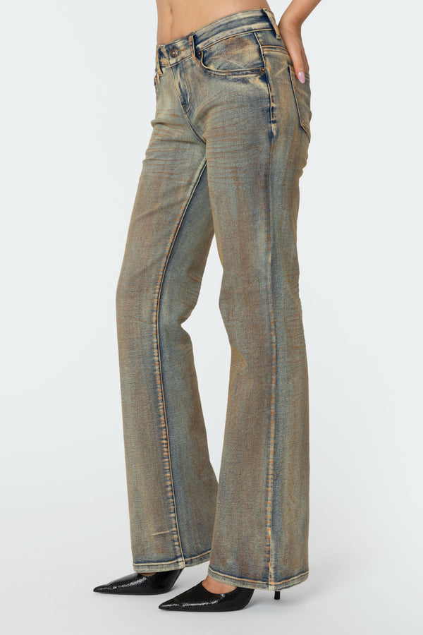 Edikted Boot Cut Low Rise Mud Washed Jeans Blue Vintage Washed