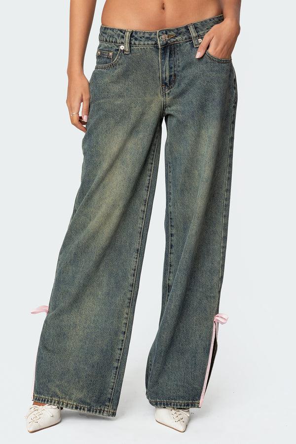 Edikted Bow Slitted Vintage Washed Jeans Blue Washed