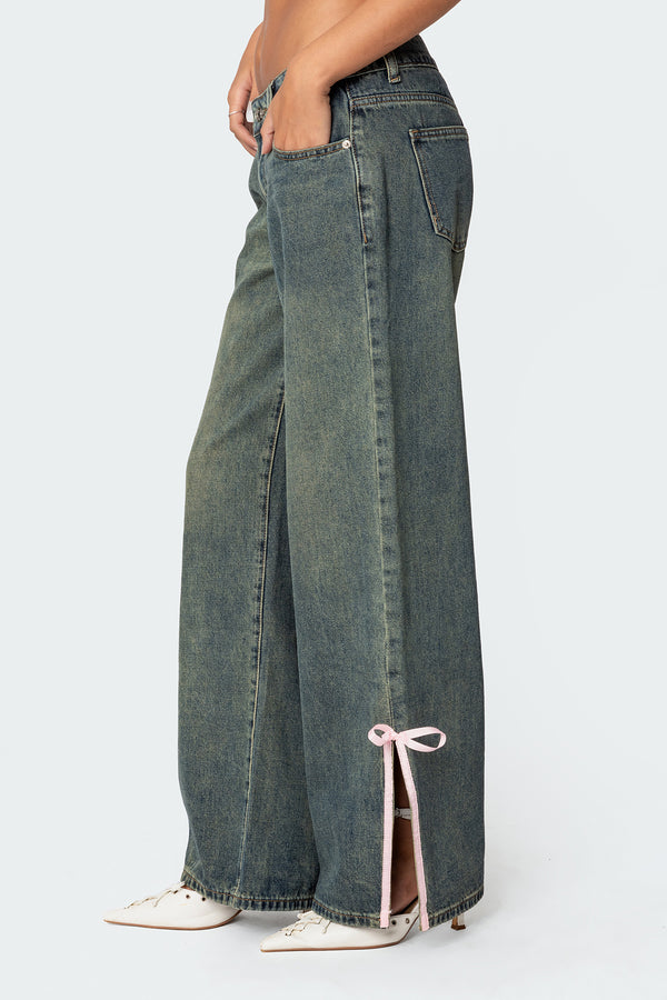 Edikted Bow Slitted Vintage Washed Jeans Blue Washed
