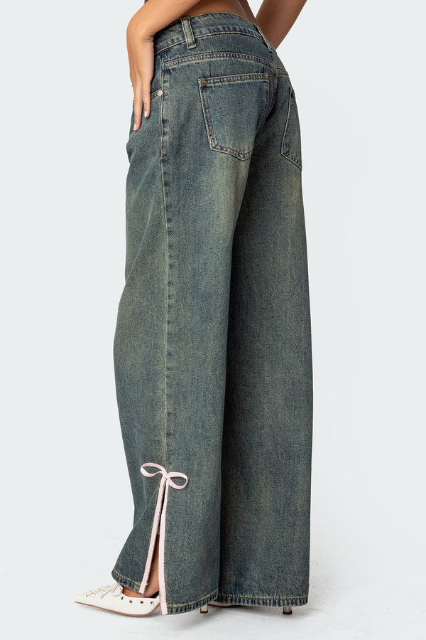 Edikted Bow Slitted Vintage Washed Jeans Blue Washed