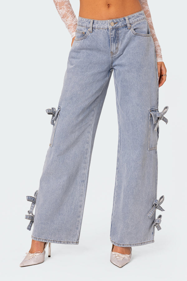 Edikted Bows 4 Days Low Rise Baggy Jeans Light Blue