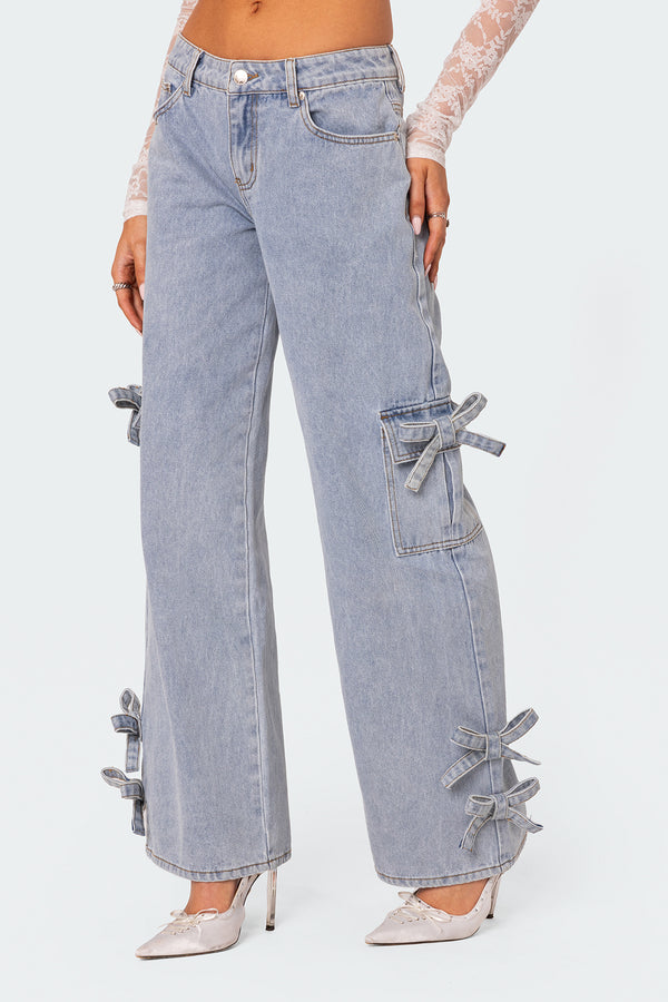 Edikted Bows 4 Days Low Rise Baggy Jeans Light Blue