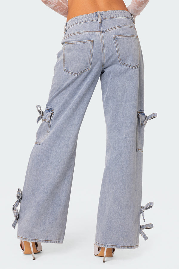 Edikted Bows 4 Days Low Rise Baggy Jeans Light Blue