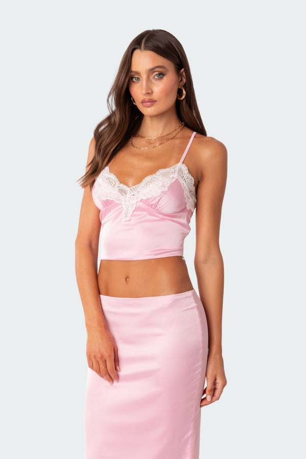 Edikted Brandi Lace Trim Satin Effect Tank Top Pink