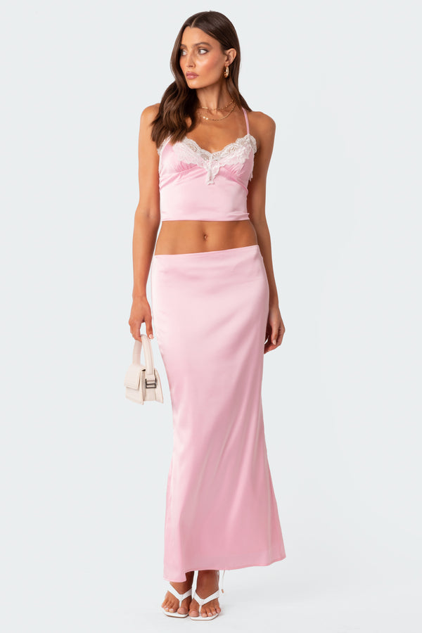 Edikted Brandi Lace Trim Satin Effect Tank Top Pink