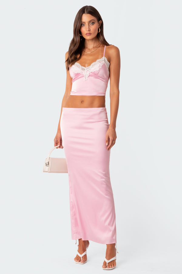 Edikted Brandi Lace Trim Satin Effect Tank Top Pink