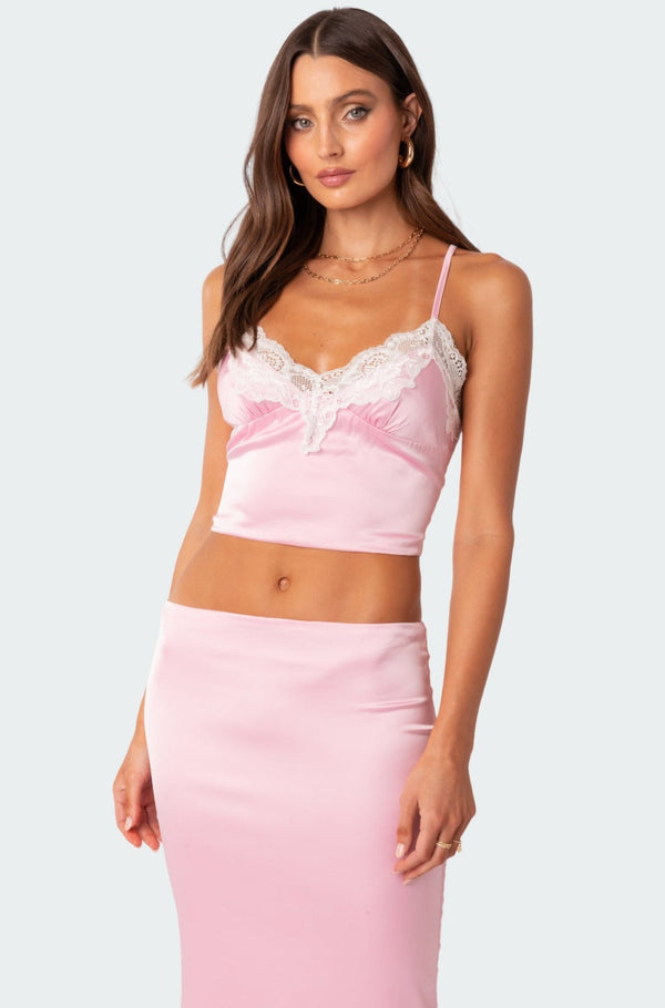 edikted Brandi Lace Trim Satin Effect Tank Top pink