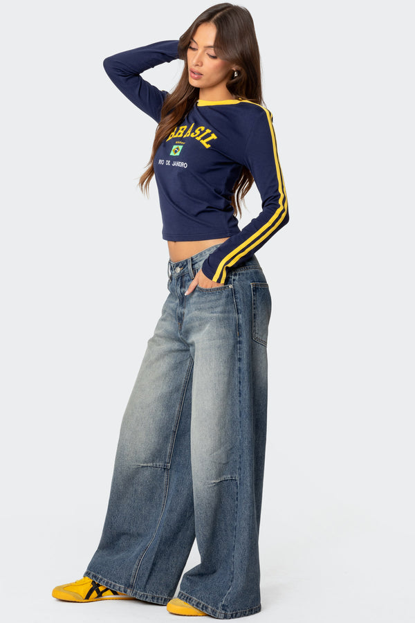 Edikted Brasil Embroidered Long Sleeve T Shirt Navy