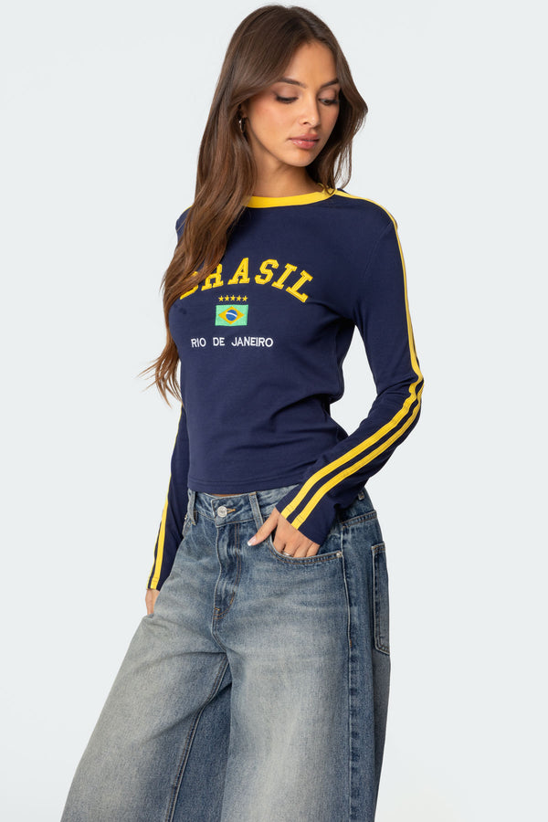 Edikted Brasil Embroidered Long Sleeve T Shirt Navy