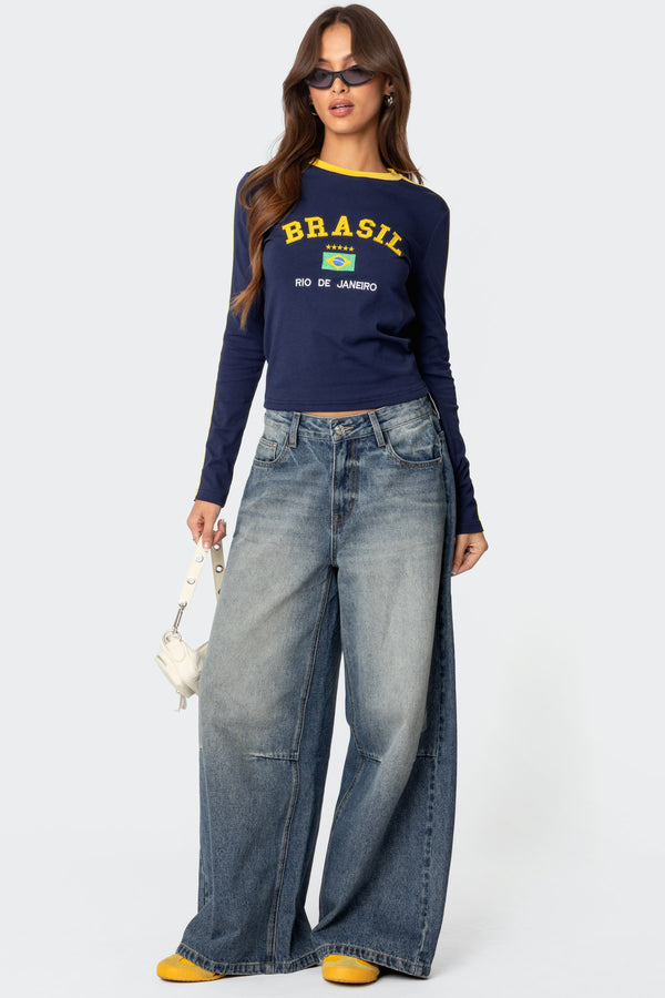 Edikted Brasil Embroidered Long Sleeve T Shirt Navy