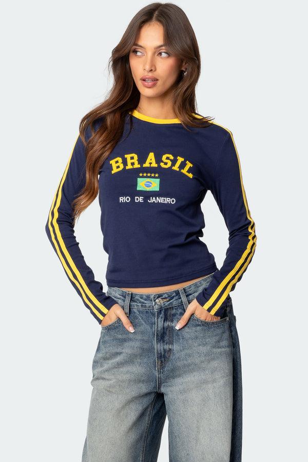 edikted Brasil Embroidered Long Sleeve T Shirt navy