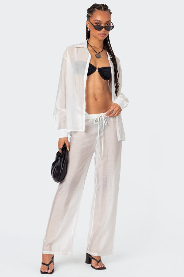 Edikted Breezy Oversized Sheer Button Up Shirt White