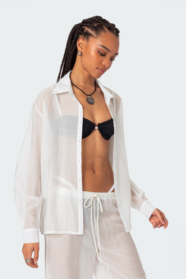 Edikted Breezy Oversized Sheer Button Up Shirt White