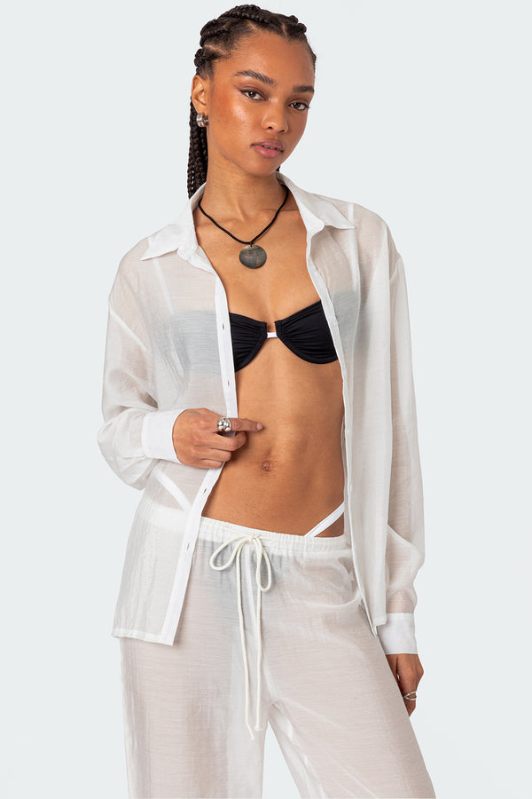 edikted Breezy Oversized Sheer Button Up Shirt white