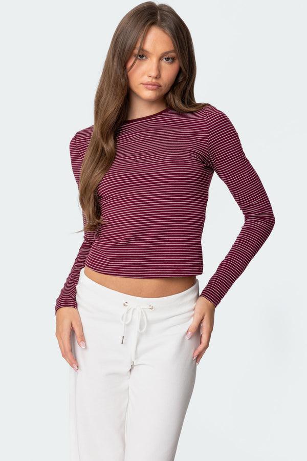 edikted Brianna Striped Long Sleeve T Shirt burgundy