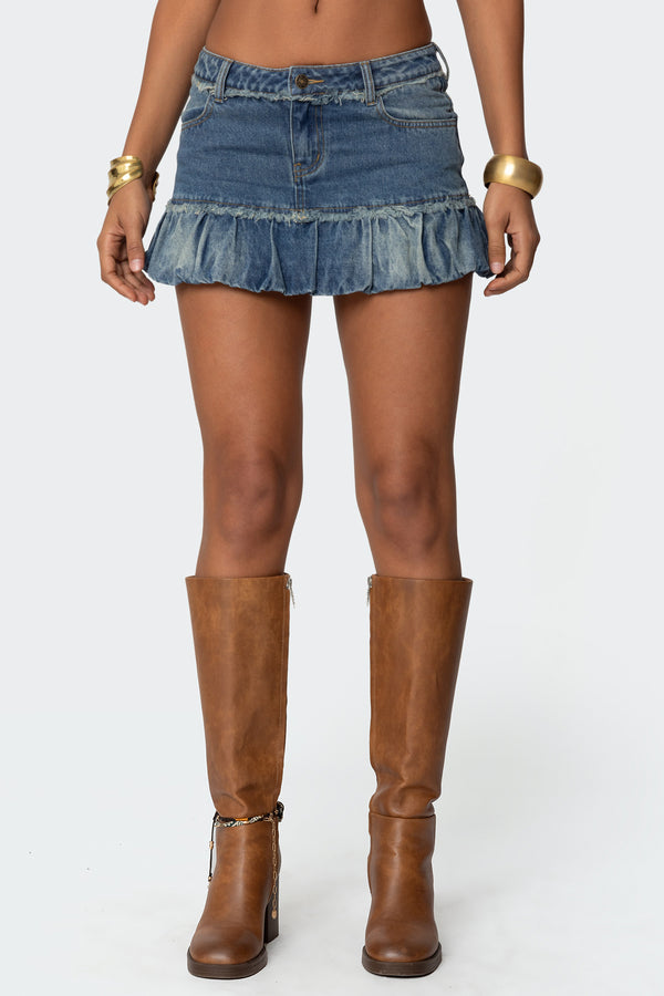 Edikted Bubble Hem Denim Mini Skirt Blue Vintage Washed