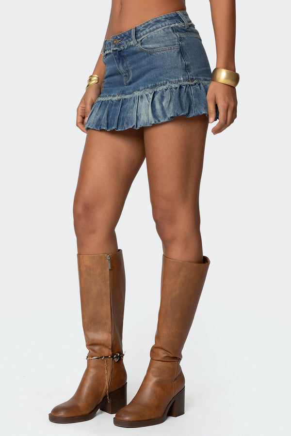 Edikted Bubble Hem Denim Mini Skirt Blue Vintage Washed