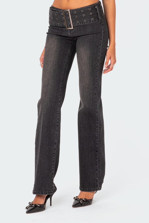 Edikted Buckle Belt Washed Flared Jeans Black Washed