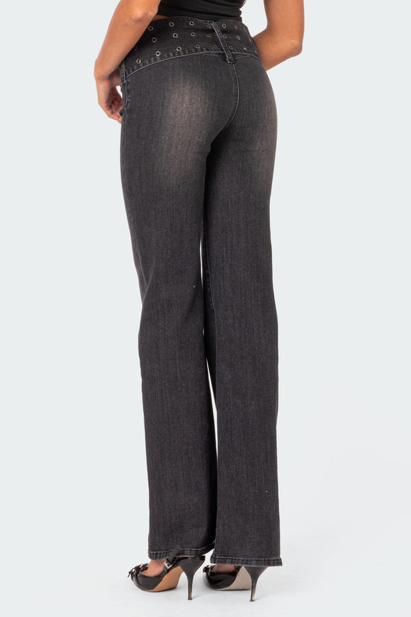 Edikted Buckle Belt Washed Flared Jeans Black Washed