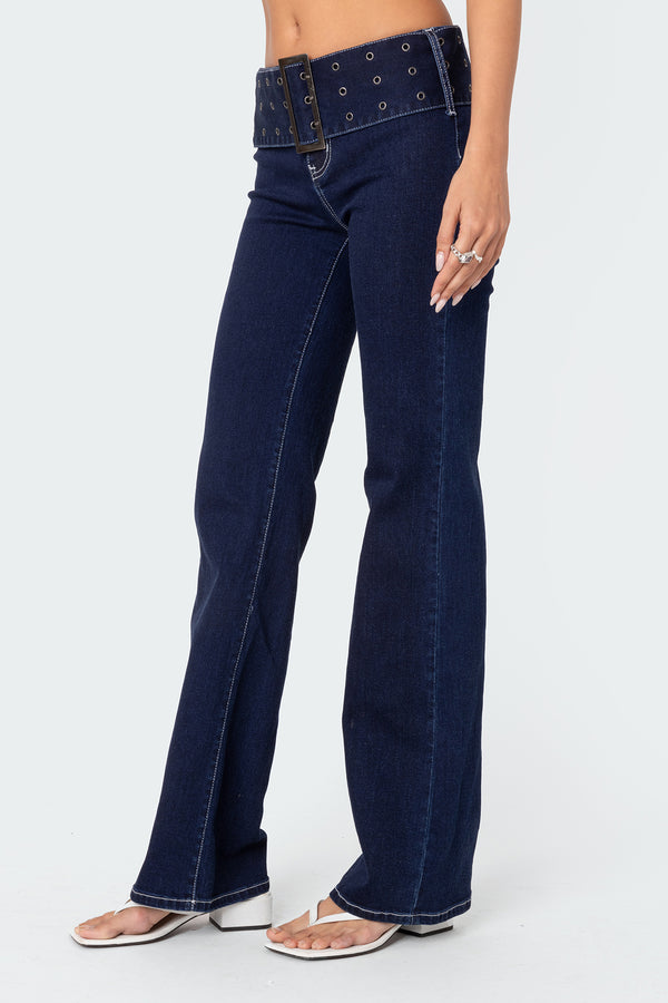 Edikted Buckle Belt Washed Flared Jeans Indigo Blue Raw Washed