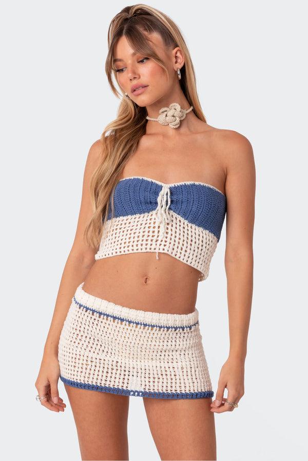 edikted Cabana Contrast Crochet Crop Top blue and cream