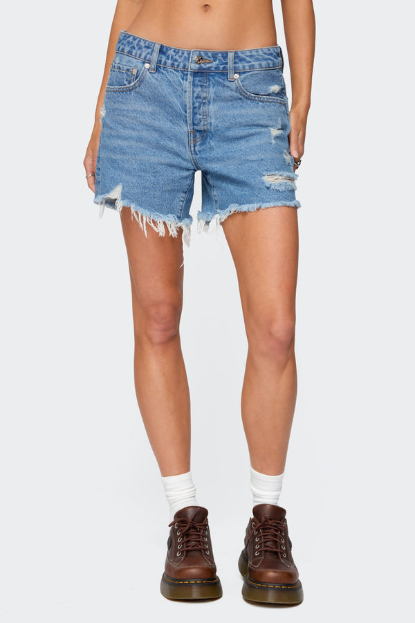 Edikted Cale Distressed Low Rise Denim Shorts Blue Washed