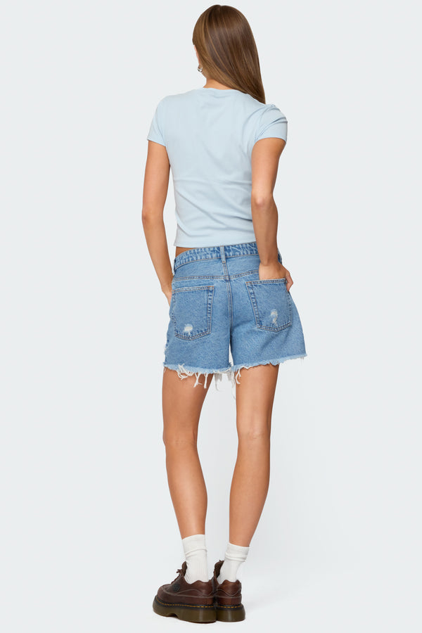 Edikted Cale Distressed Low Rise Denim Shorts Blue Washed