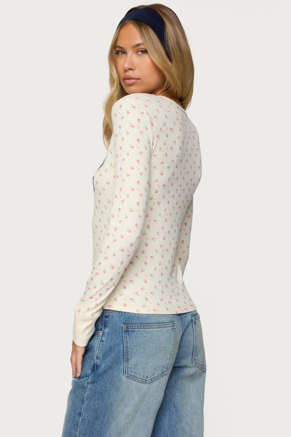 Edikted Cali Floral Ribbed Long Sleeve T Shirt Cream