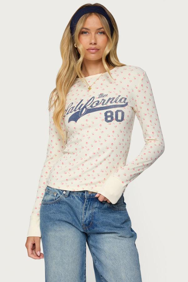 edikted Cali Floral Ribbed Long Sleeve T Shirt cream