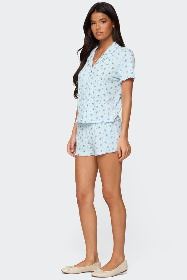Edikted Camden Floral Pointelle Button Up Shirt Light Blue