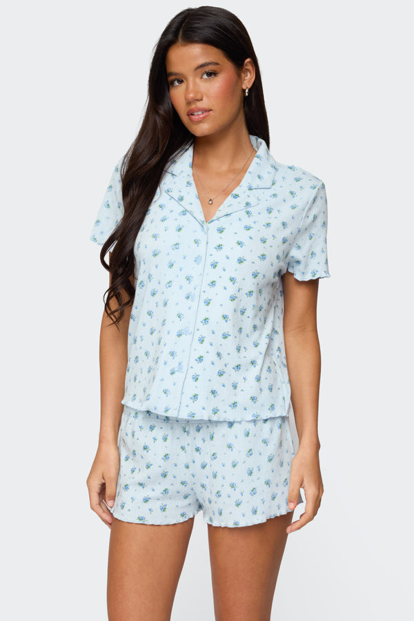 Edikted Camden Floral Pointelle Button Up Shirt Light Blue