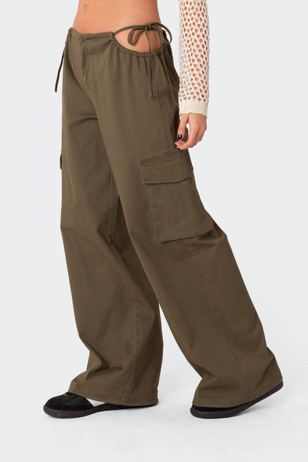 Edikted Carlo Low Rise Side Cut Out Cargo Pants Olive
