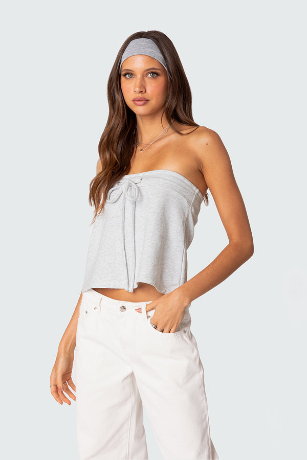 Edikted Caroline Tie Front Strapless Top Gray Melange