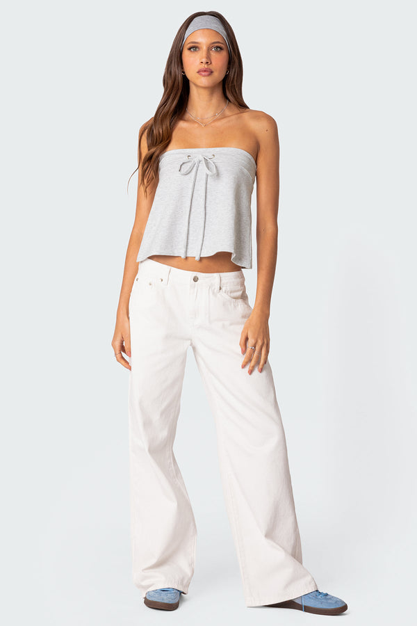 Edikted Caroline Tie Front Strapless Top Gray Melange
