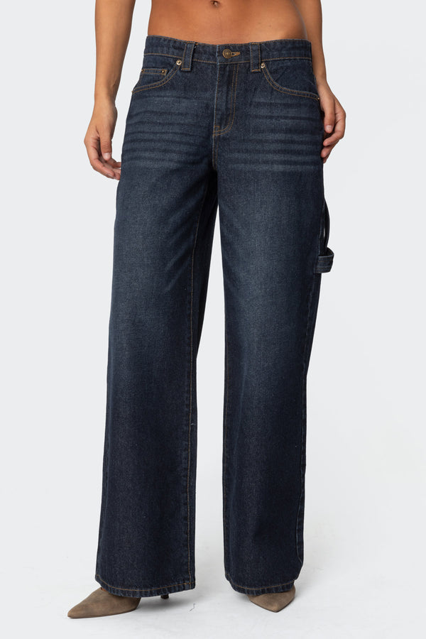 Edikted Carpenter Low Rise Jeans Indigo Blue Raw Washed