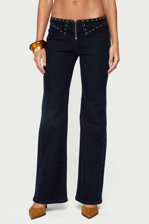 Edikted Carys Studded Low Rise Flared Jeans Dark Blue