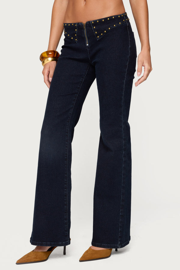 Edikted Carys Studded Low Rise Flared Jeans Dark Blue