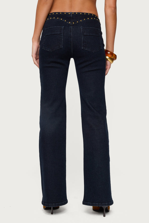 Edikted Carys Studded Low Rise Flared Jeans Dark Blue