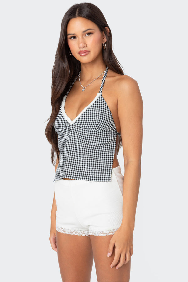 Edikted Charmaine Open Back Gingham Top Black And White