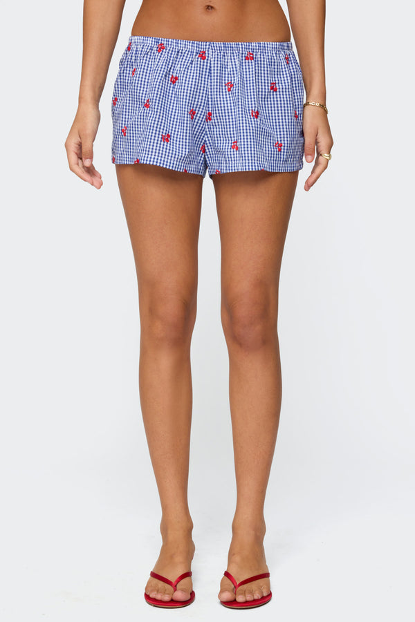 Edikted Cherry Embroidered Gingham Boxer Shorts Blue