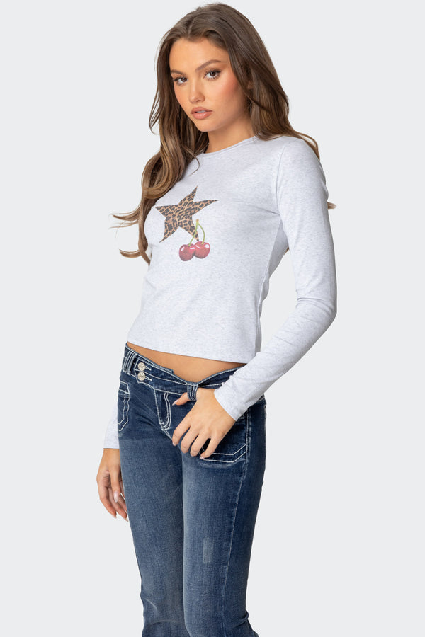 Edikted Cherry Leopard Star Long Sleeve T Shirt Gray Melange