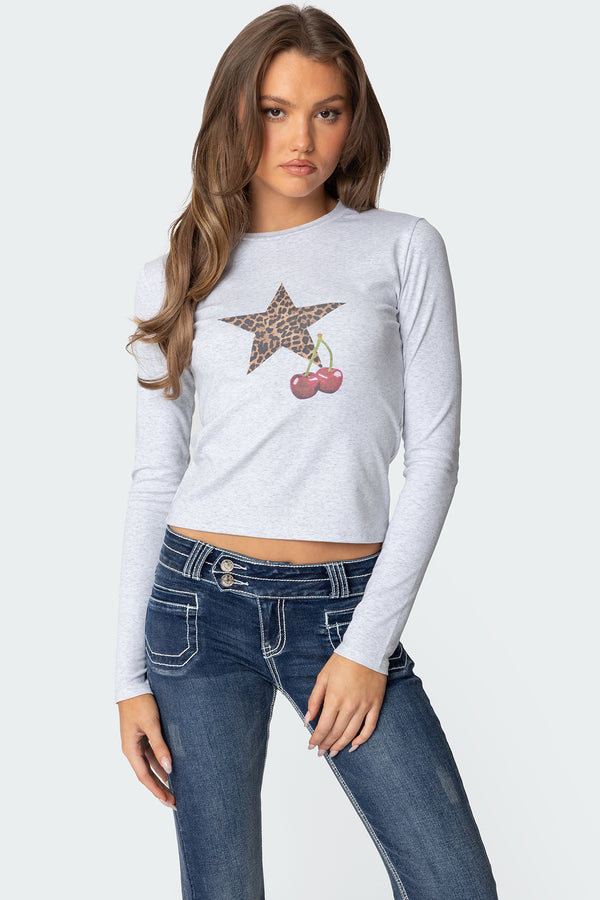 edikted Cherry Leopard Star Long Sleeve T Shirt gray melange
