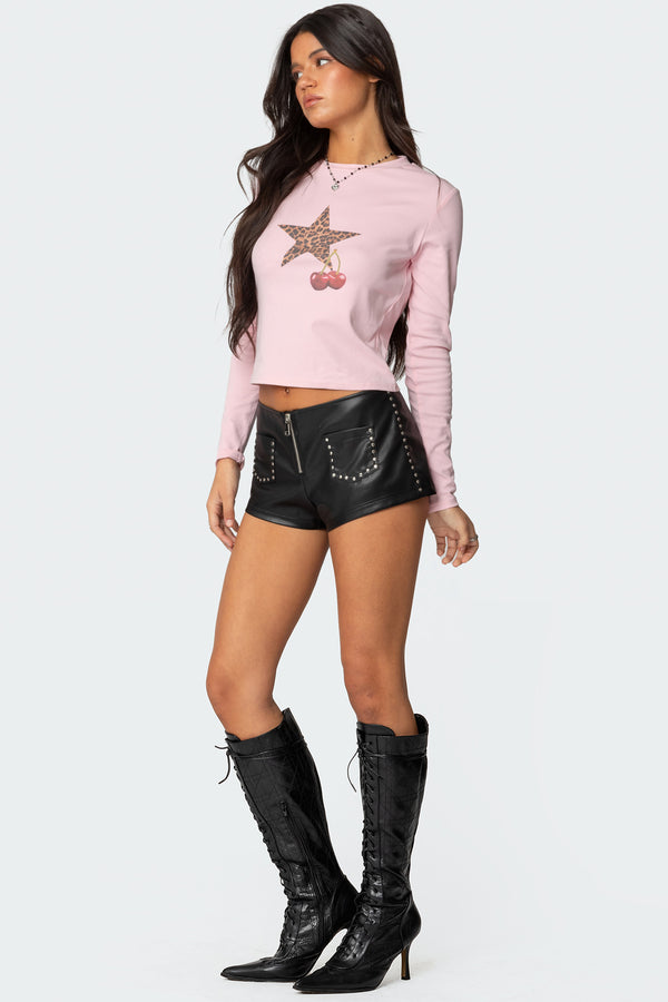 Edikted Cherry Leopard Star Long Sleeve T Shirt Pink