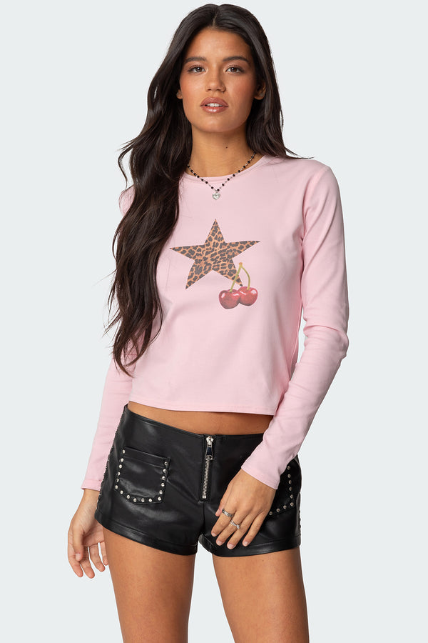 edikted Cherry Leopard Star Long Sleeve T Shirt pink