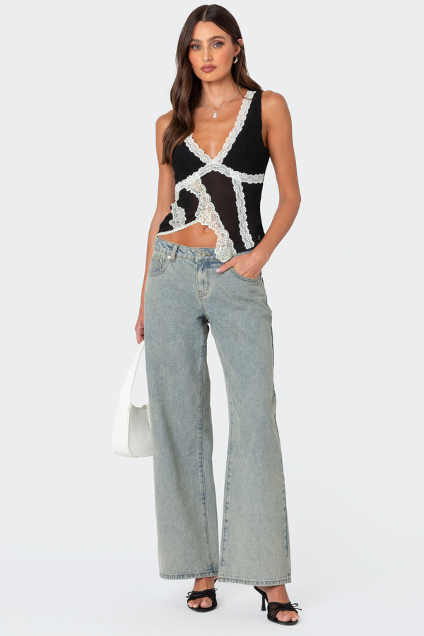 Edikted Chiffon & Lace Sheer Asymmetric Top Black And White