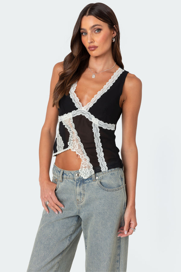 Edikted Chiffon & Lace Sheer Asymmetric Top Black And White