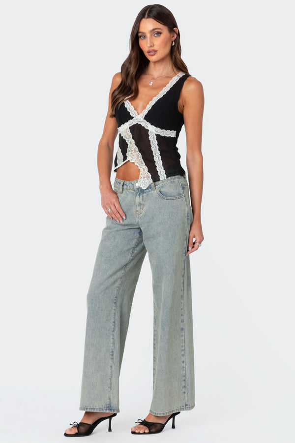 Edikted Chiffon & Lace Sheer Asymmetric Top Black And White