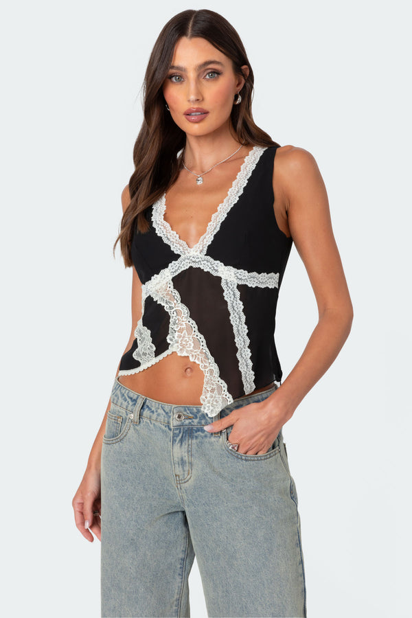 edikted Chiffon & Lace Sheer Asymmetric Top black and white