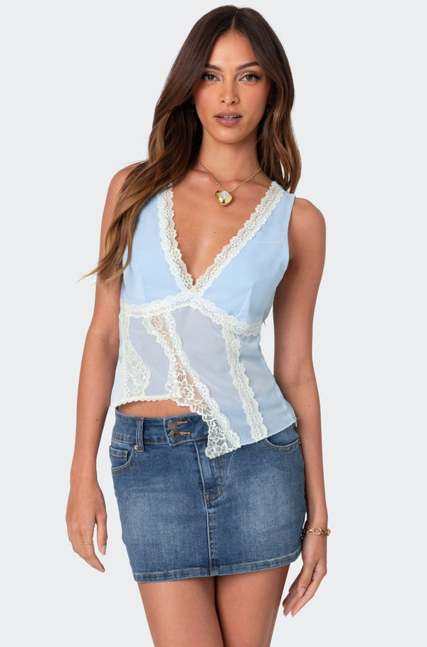 edikted Chiffon & Lace Sheer Asymmetric Top light blue